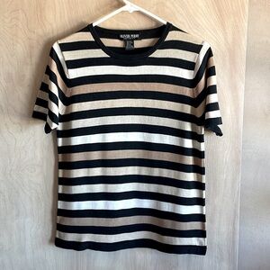 OLIVER PERRY Black White Tan Striped Silk Cotton Knit Top Women's Medium